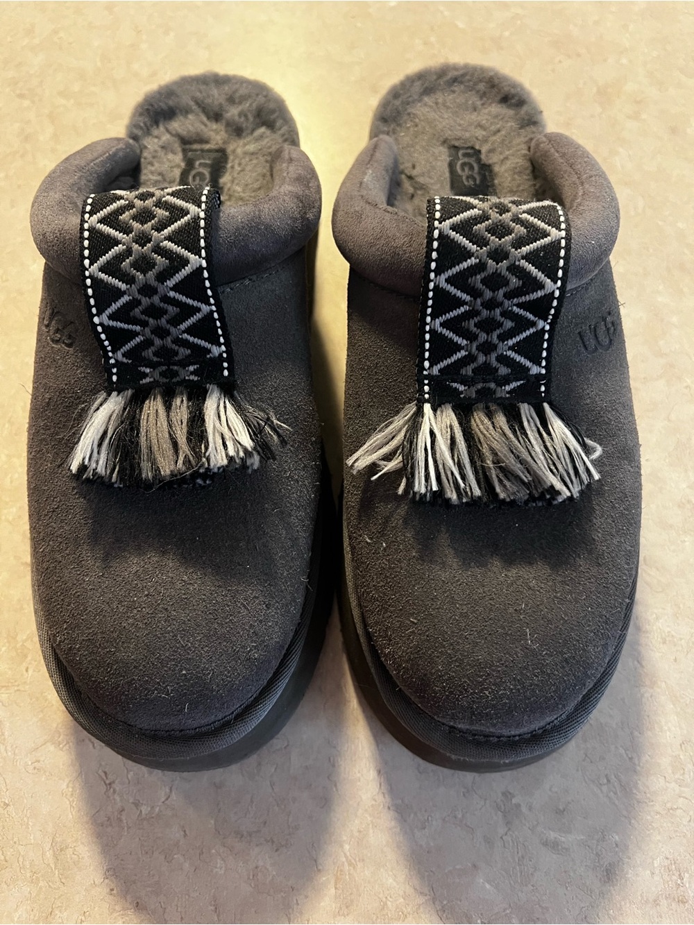 Women’s size 9 UGG Charcoal Suede Tassel Slip-Ons